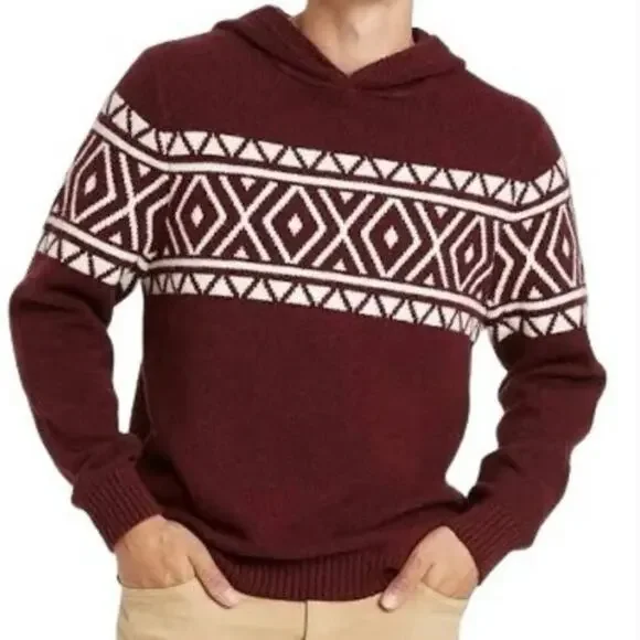 Goodfellow Knit Hooded Sweater Mens Size XXL Burgundy/White Pullover Soft Preppy - Picture 1 of 11